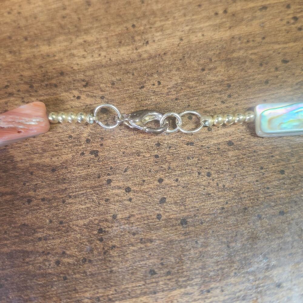 Mother of Pearl Abalone Shell Rectangle Bead Necklace Peach Gold Tone 24 Coastal - Picture 3 of 8